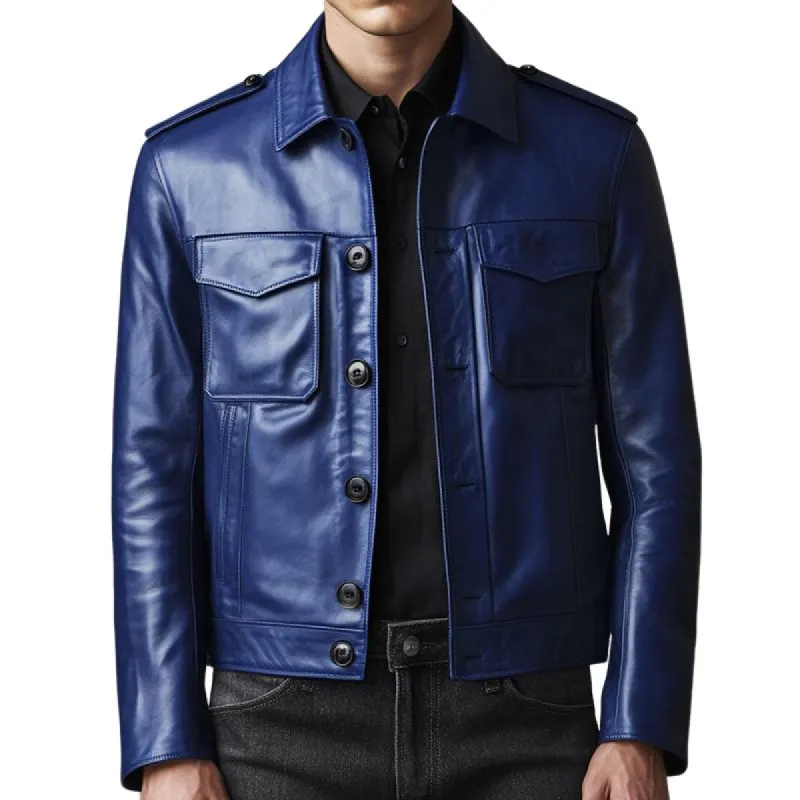 Men's Vintage Casual Pocket Button Leather Jacket 78485810TO sold by Manly