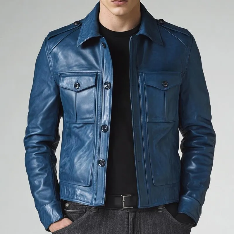 Men's Vintage Casual Pocket Button Leather Jacket 31240891TO sold by Manly product image thumbnail 2
