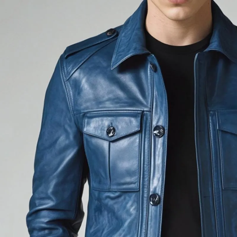 Men's Vintage Casual Pocket Button Leather Jacket 31240891TO sold by Manly product image thumbnail 3