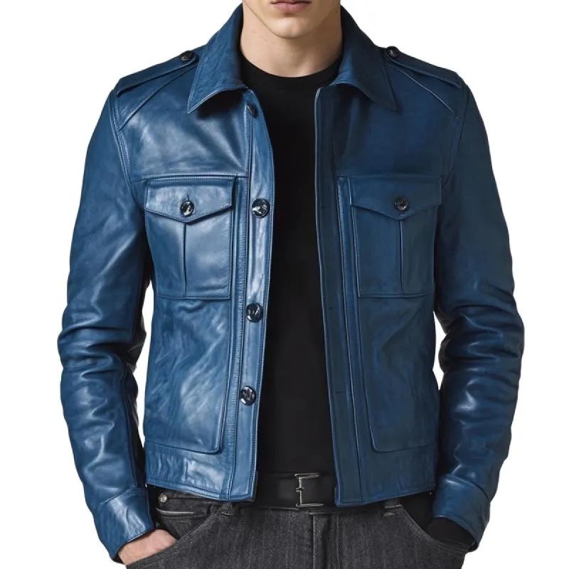 Men's Vintage Casual Pocket Button Leather Jacket 31240891TO sold by Manly
