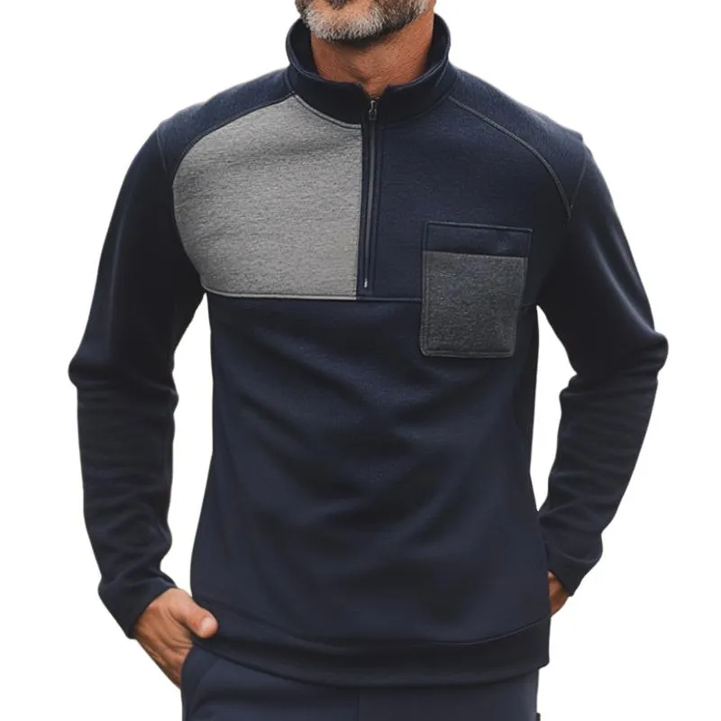 Men's Retro Casual Colorblock Chest Pocket Zipper Sweatshirt 40989432TO sold by Manly