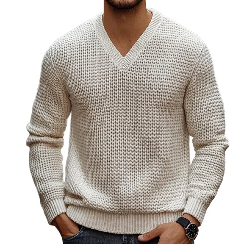 Men's Retro Casual Solid Color V-Neck Sweater 48537255TO sold by Manly