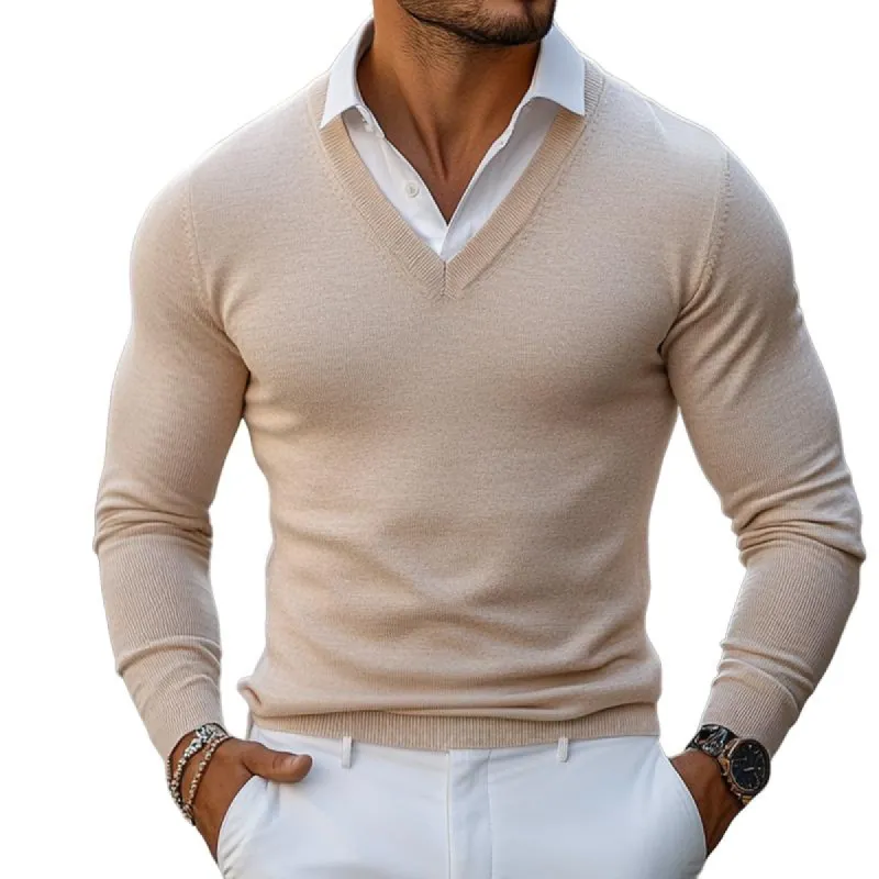 Men's Retro Casual Solid Color V-Neck Fake Two-Piece Sweater 78777168TO sold by Manly