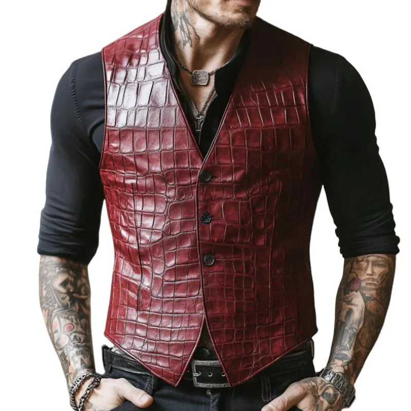 Men's Vintage Casual Embossed Collarless Leather Vest 22698215TO sold by Manly