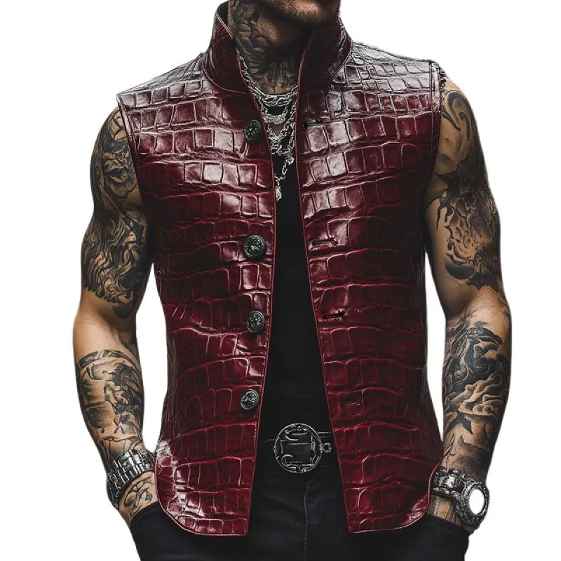 Men's Retro Casual Embossed Stand Collar Leather Vest 16866806TO sold by Manly