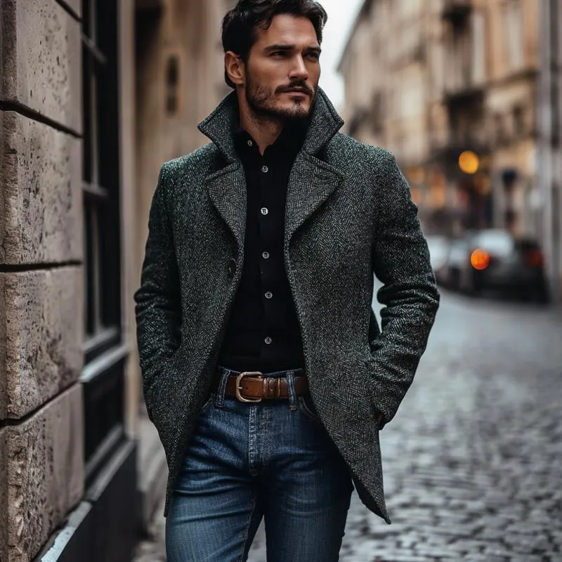 Men's Vintage Classic Herringbone Notch Lapel Single Breasted Slim Fit Coat 78486162M sold by Manly product image thumbnail 4