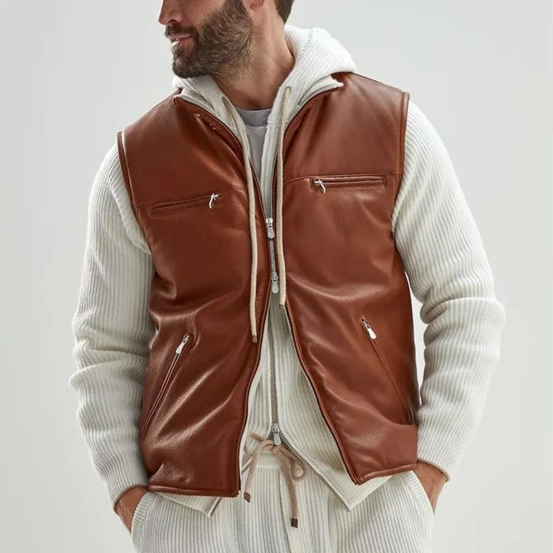 Men's Vintage Stand Collar Fleece Lined Zipper Leather Vest 65287262U sold by Manly product image thumbnail 2