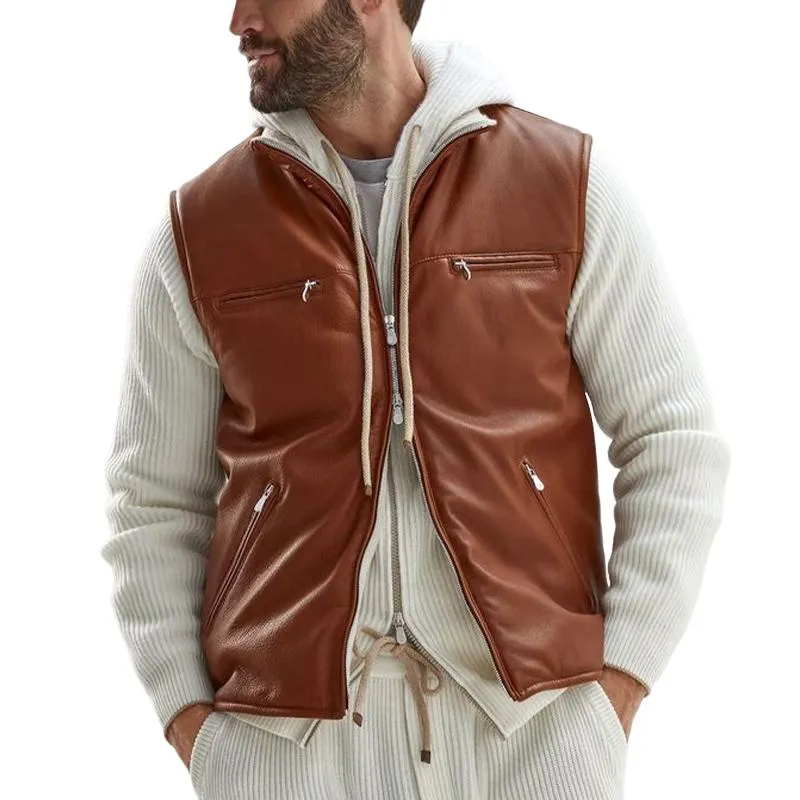 Men's Vintage Stand Collar Fleece Lined Zipper Leather Vest 65287262U sold by Manly