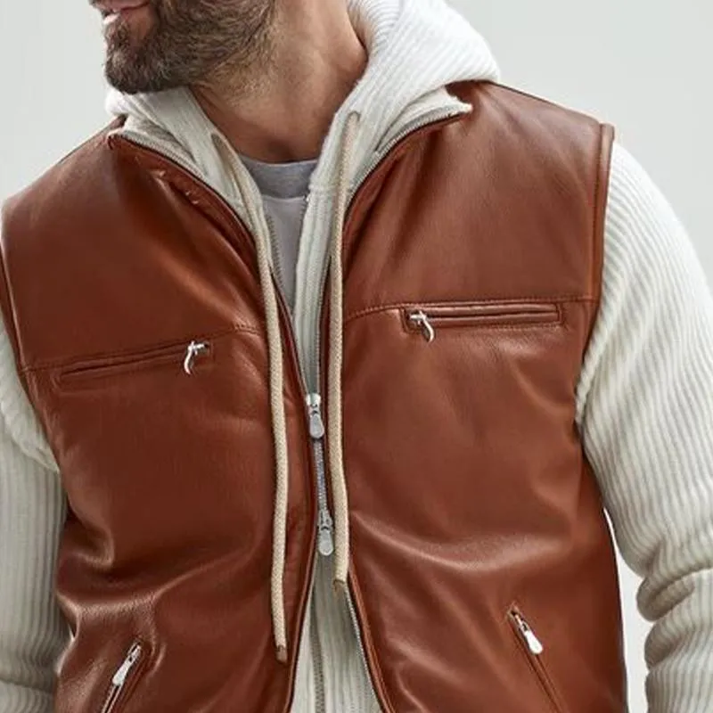 Men's Vintage Stand Collar Fleece Lined Zipper Leather Vest 65287262U sold by Manly product image thumbnail 3