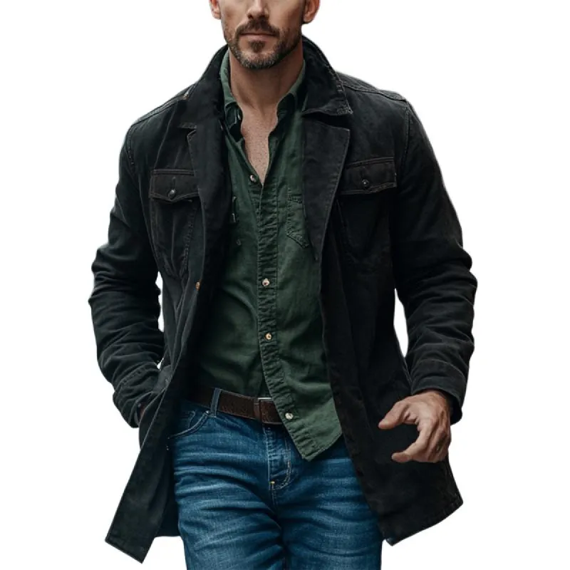 Men's Notched Lapel Washed Denim Mid-length Coat 18909043U sold by Manly