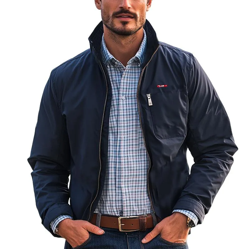 Men's Navy Blue Stand Collar Zip-up Jacket 88902748U sold by Manly