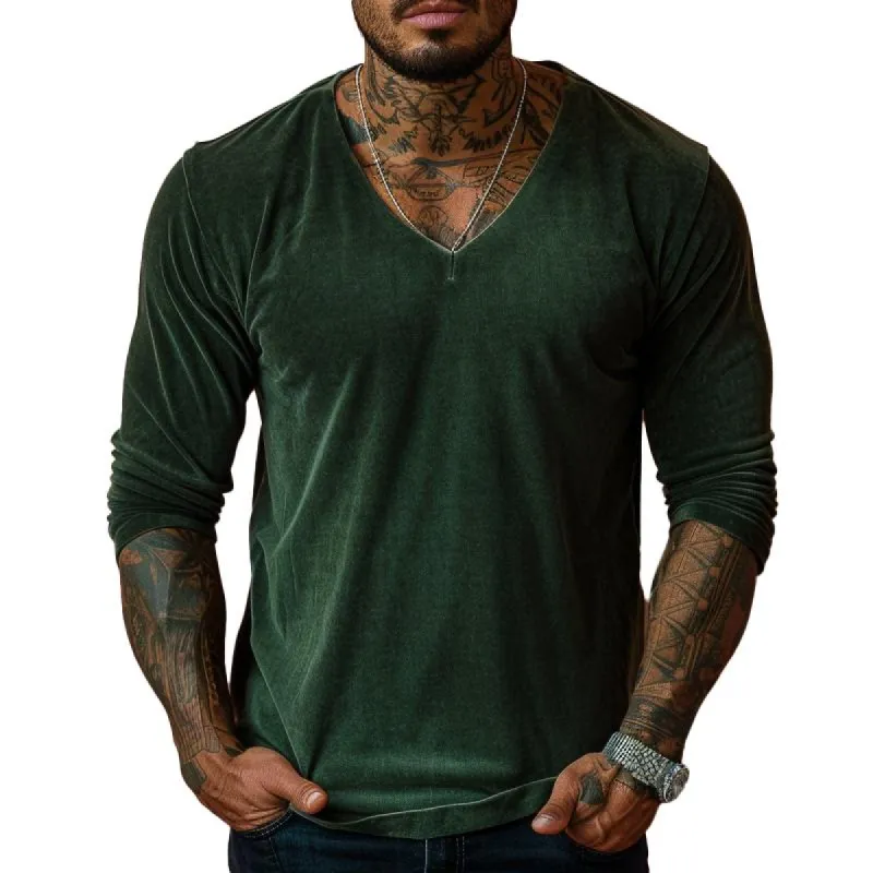 Men's Velvet Solid Color V-Neck Long Sleeve T-Shirt 86102076X sold by Manly