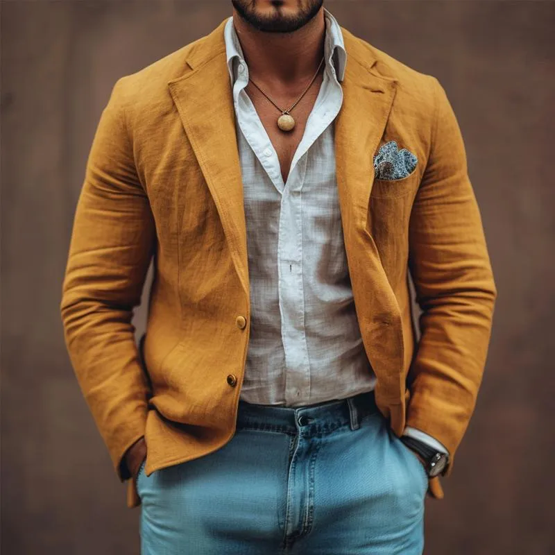 Men's Solid Color Cotton And Linen Notch Lapel Two Buttons Casual Blazer 56257959Z sold by Manly product image thumbnail 2