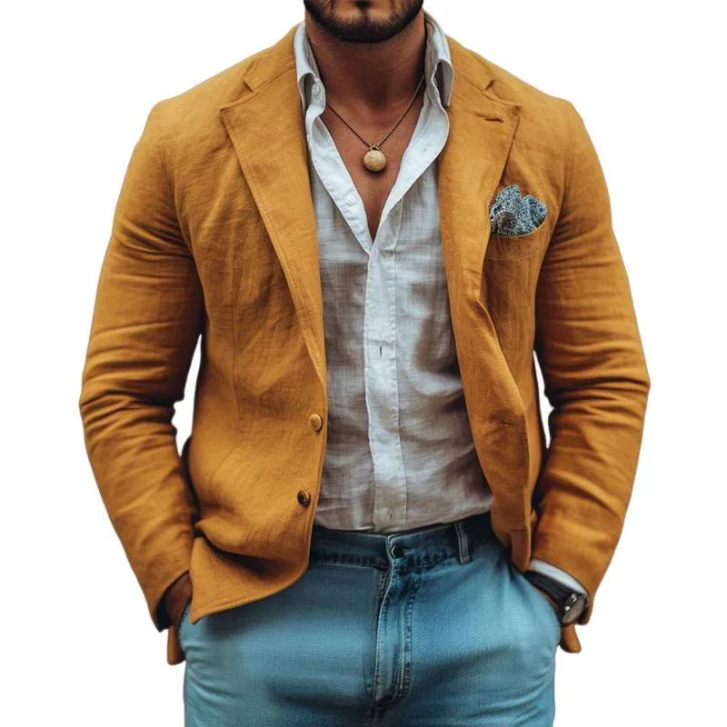 Men's Solid Color Cotton And Linen Notch Lapel Two Buttons Casual Blazer 56257959Z sold by Manly