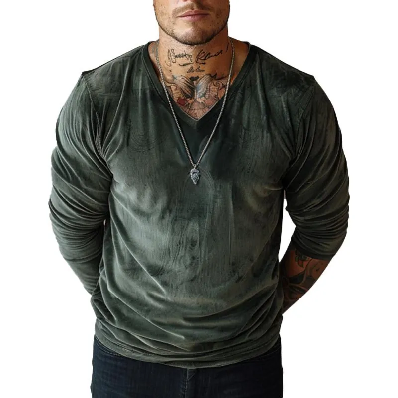 Men's Velvet Loose V-neck Long-sleeved T-shirt 57259398X sold by Manly