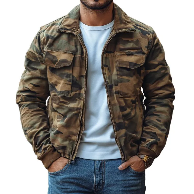 Men's Outdoor Camo Lapel Multi-pocket Zipper Cargo Jacket 26404321Z sold by Manly