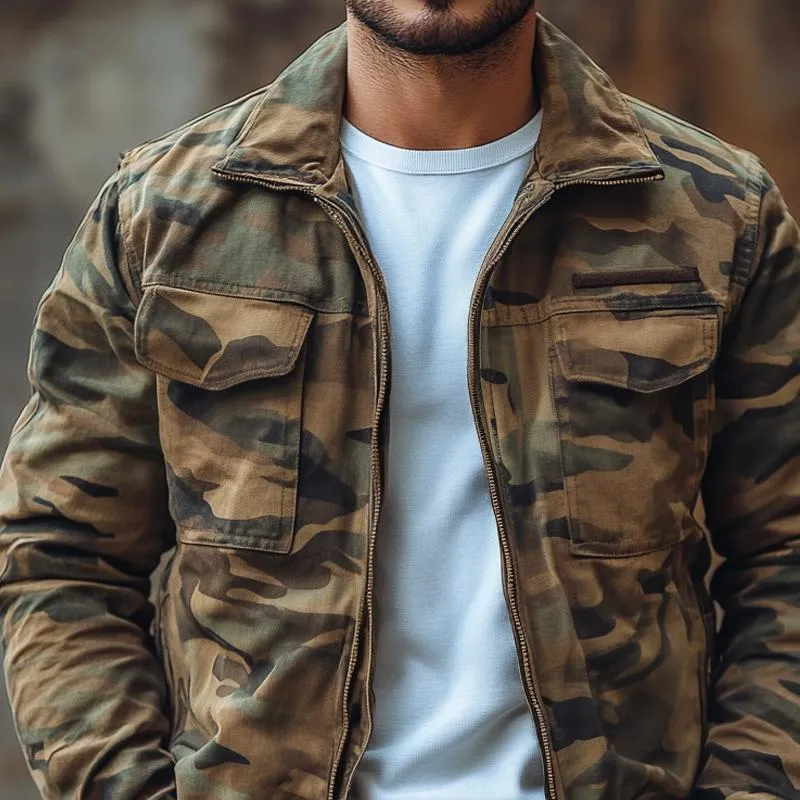 Men's Outdoor Camo Lapel Multi-pocket Zipper Cargo Jacket 26404321Z sold by Manly product image thumbnail 3