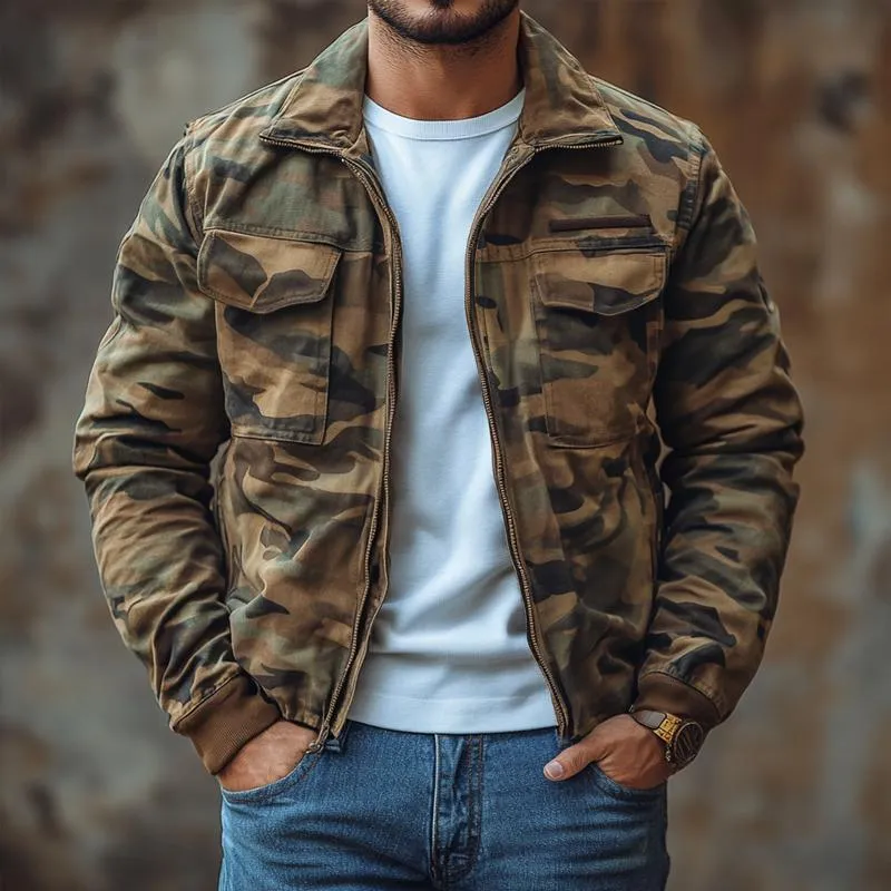 Men's Outdoor Camo Lapel Multi-pocket Zipper Cargo Jacket 26404321Z sold by Manly product image thumbnail 2