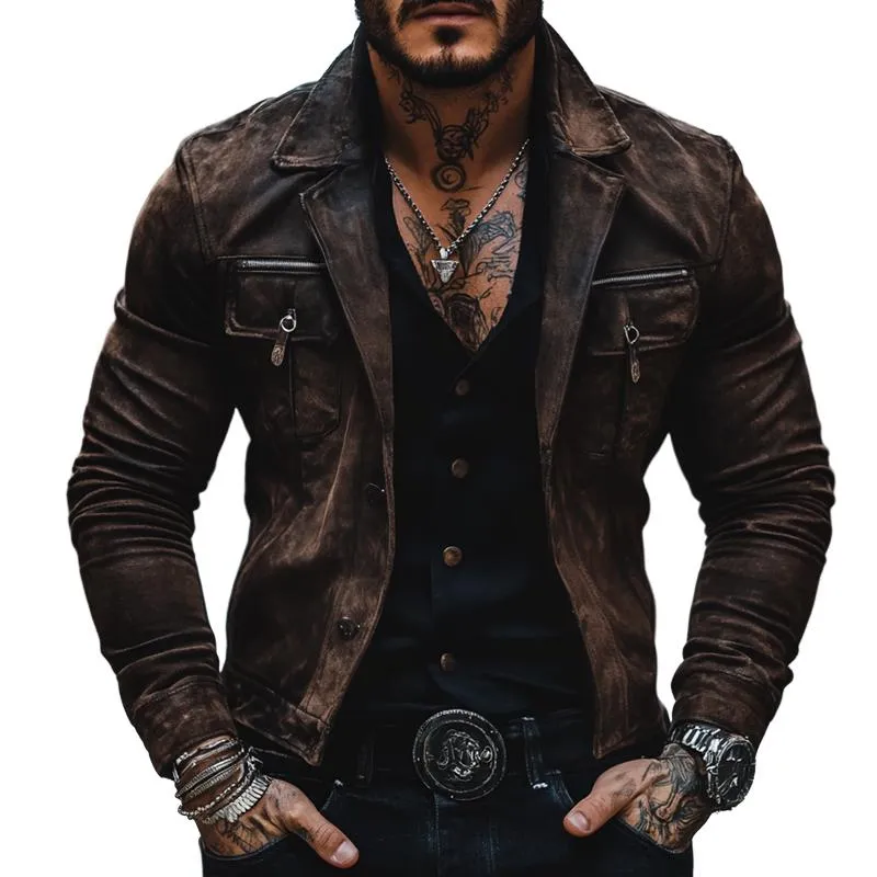 Men's Vintage Distressed Suede Lapel Chest Pocket Single Breasted Jacket 85643305Z sold by Manly