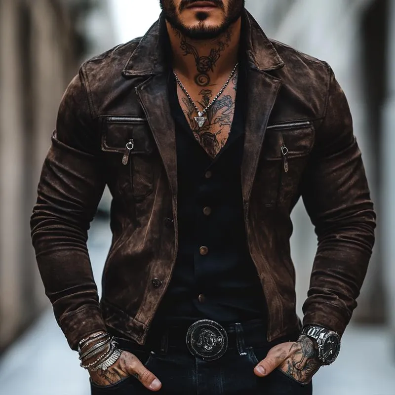 Men's Vintage Distressed Suede Lapel Chest Pocket Single Breasted Jacket 85643305Z sold by Manly product image thumbnail 2