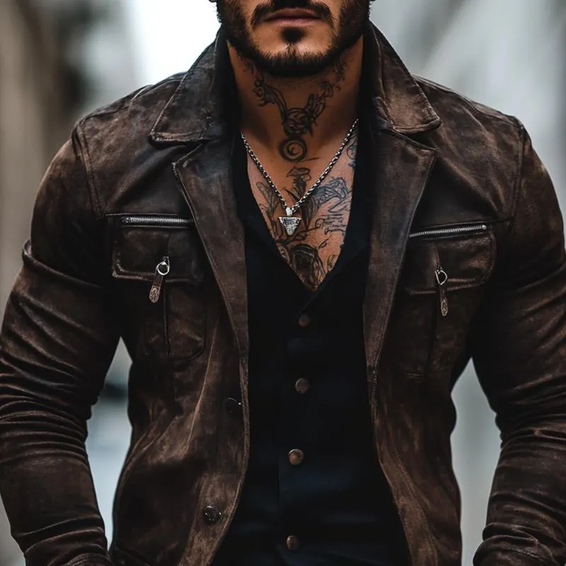 Men's Vintage Distressed Suede Lapel Chest Pocket Single Breasted Jacket 85643305Z sold by Manly product image thumbnail 3