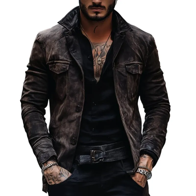 Men's Vintage Distressed Suede Lapel Chest Pocket Single Breasted Jacket 11201799Z sold by Manly