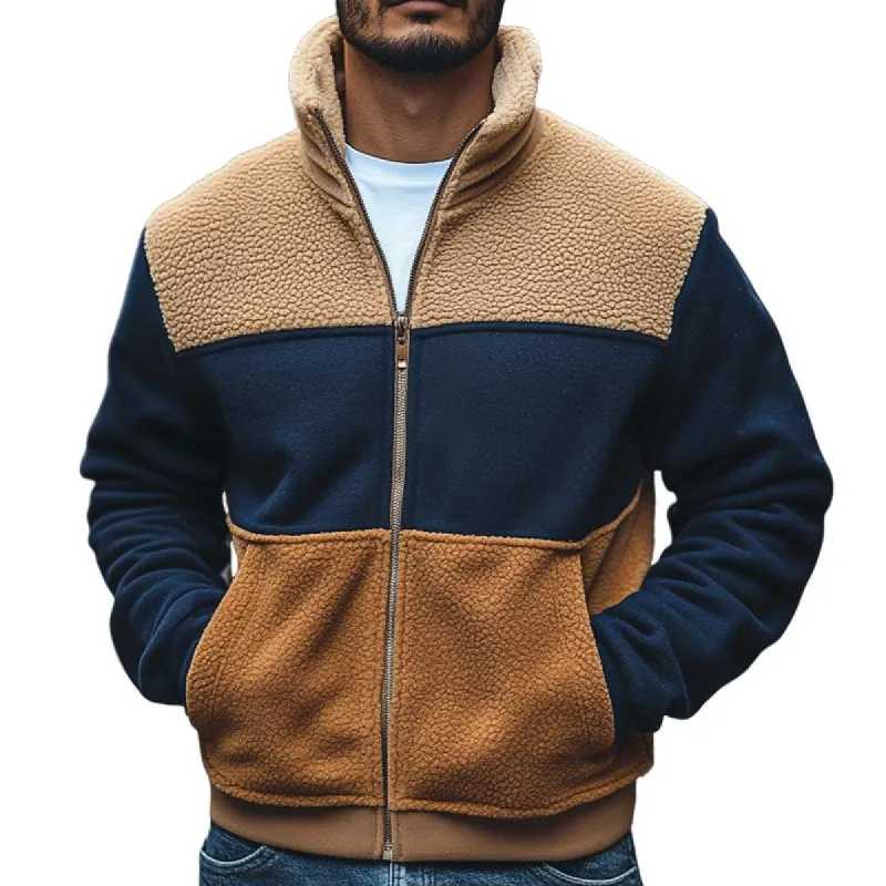 Men's Retro Casual Plush Stitching Stand Collar Coat 43950438TO sold by Manly