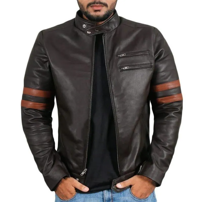 Men's Button Stand Collar Zip-Up Leather Jacket 21539051U sold by Manly