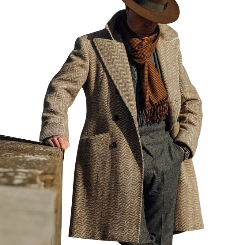 Men's Herringbone Notched Lapel Double-breasted Mid-length Coat 11577996U sold by Manly