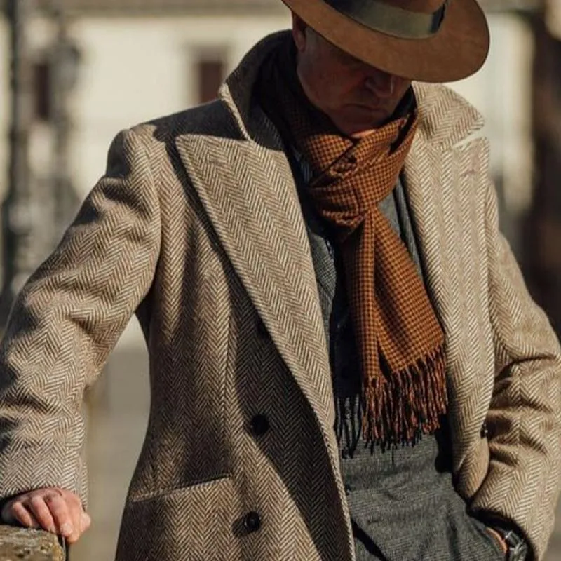 Men's Herringbone Notched Lapel Double-breasted Mid-length Coat 11577996U sold by Manly product image thumbnail 3