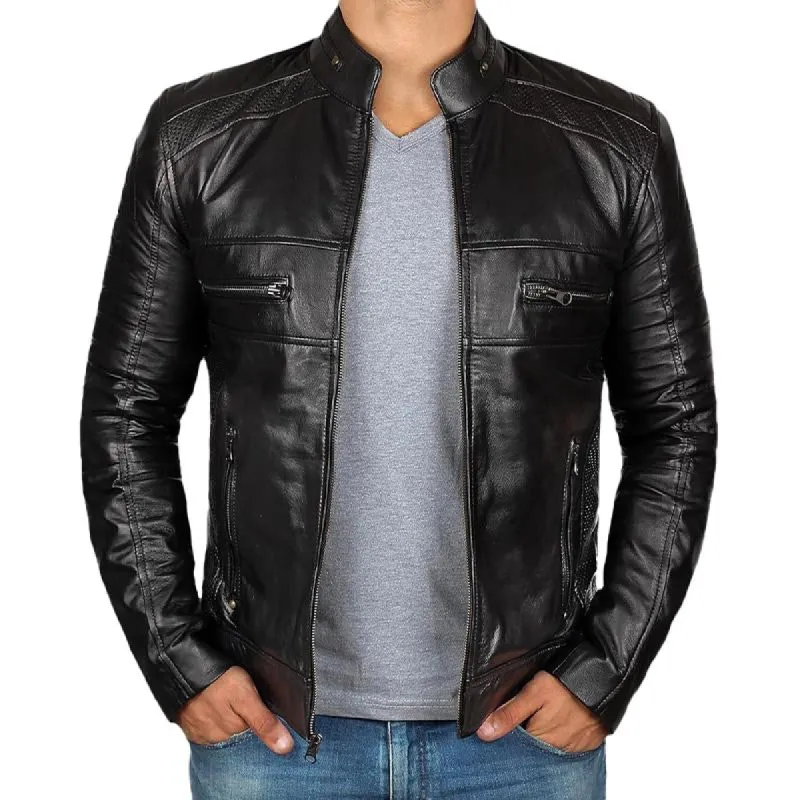 Men's Solid Color Lapel Zipper Leather Jacket 47527119X sold by Manly