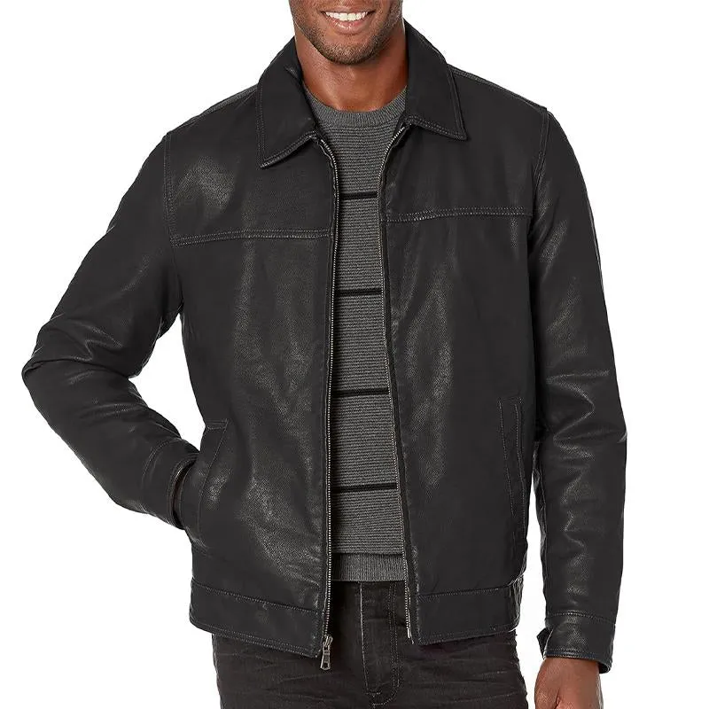 Men's Vintage Zipper Lapel Leather Jacket 75911876X sold by Manly