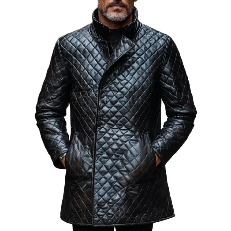 Men's Versatile Stand Collar Mid-length Quilted Leather Coat 20344456F sold by Manly