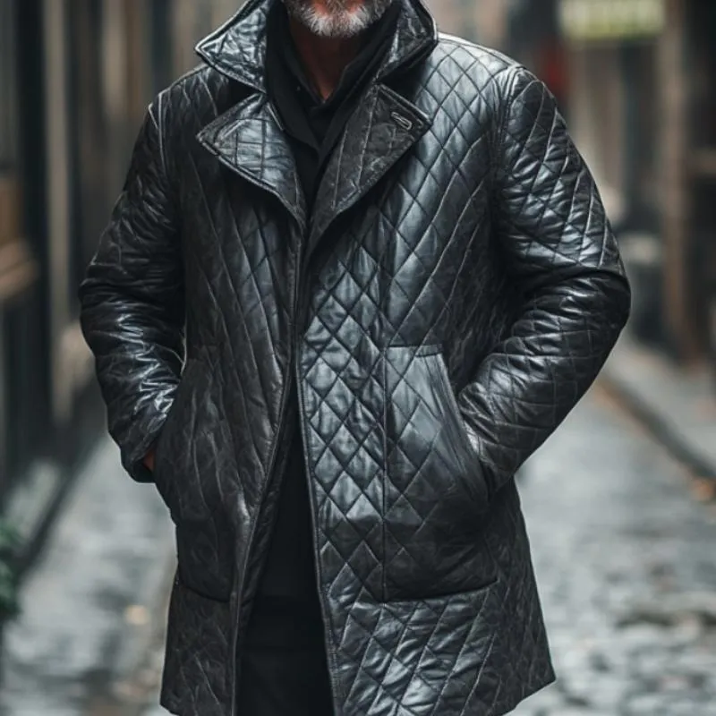 Men's Classic Lapel Mid-Length Quilted Leather Coat 12651111F sold by Manly product image thumbnail 3