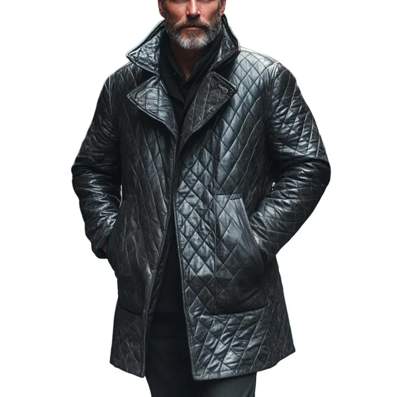 Men's Classic Lapel Mid-Length Quilted Leather Coat 12651111F sold by Manly