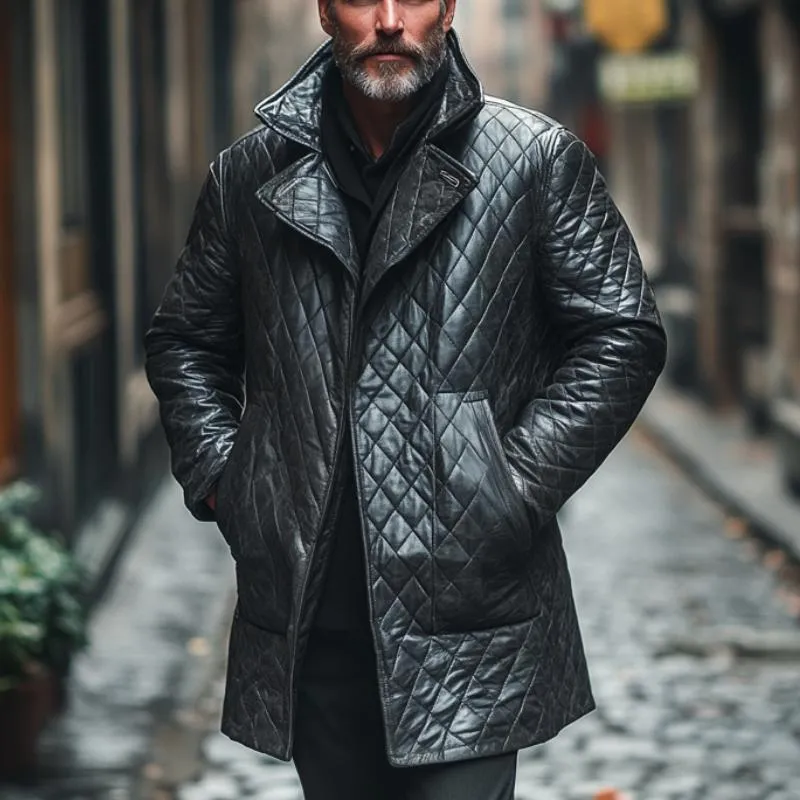 Men's Classic Lapel Mid-Length Quilted Leather Coat 12651111F sold by Manly product image thumbnail 2