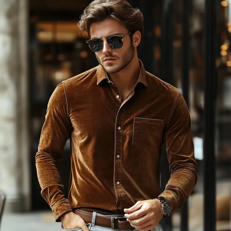 Men's Classic Casual Pocket Slim Fit Velvet Long Sleeve Shirt 60421935K sold by Manly product image thumbnail 3