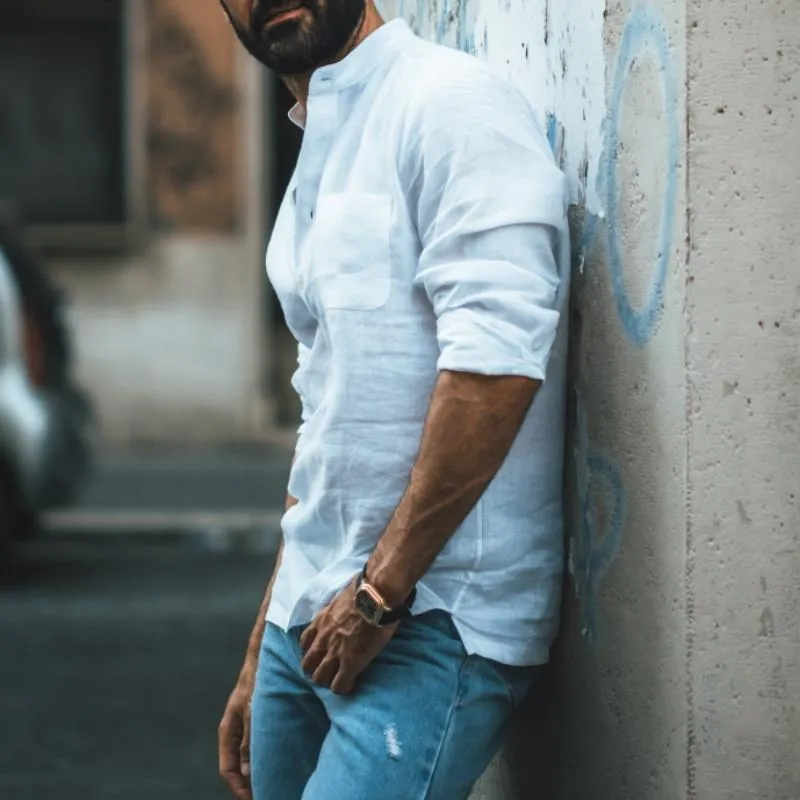 Men's Classic Casual Stand Collar Pocket Linen Long Sleeve Shirt 85552742K sold by Manly product image thumbnail 3