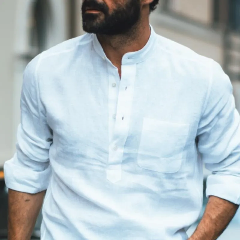 Men's Classic Casual Stand Collar Pocket Linen Long Sleeve Shirt 85552742K sold by Manly product image thumbnail 4