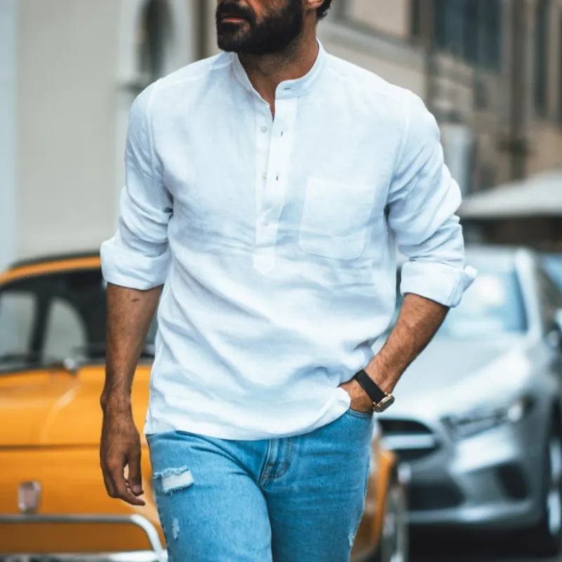 Men's Classic Casual Stand Collar Pocket Linen Long Sleeve Shirt 85552742K sold by Manly product image thumbnail 2