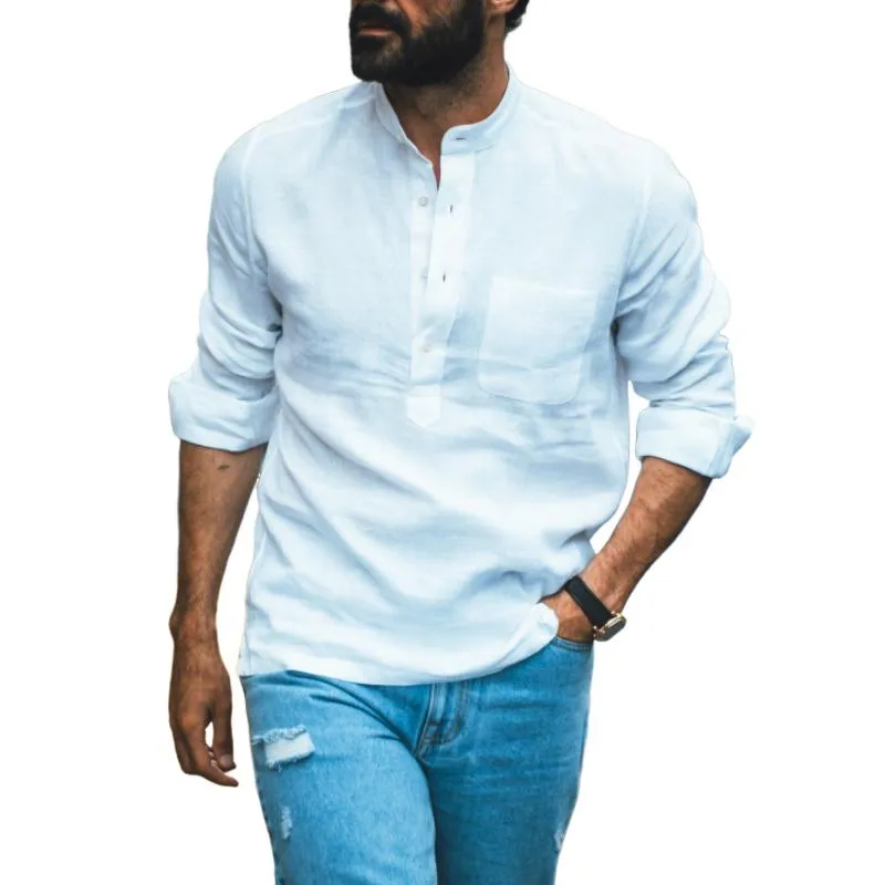 Men's Classic Casual Stand Collar Pocket Linen Long Sleeve Shirt 85552742K sold by Manly