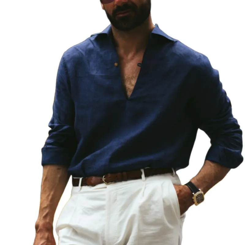 Men's Classic Casual V-Neck Linen Long Sleeve Shirt 69128240K sold by Manly