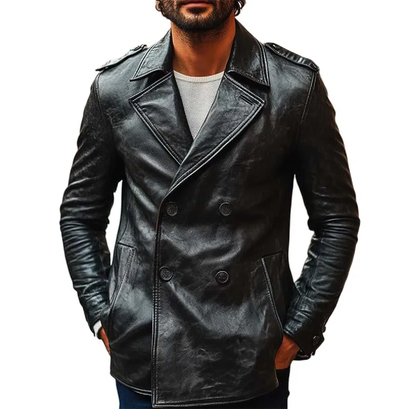 Men's Classic Casual Fit Double Breasted Leather Jacket 97694463K sold by Manly