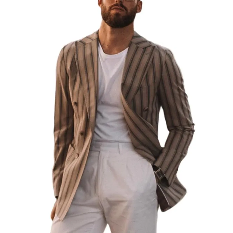 Men's Classic Casual Vertical Striped Double-breasted Slim-fit Blazer 87101163K sold by Manly