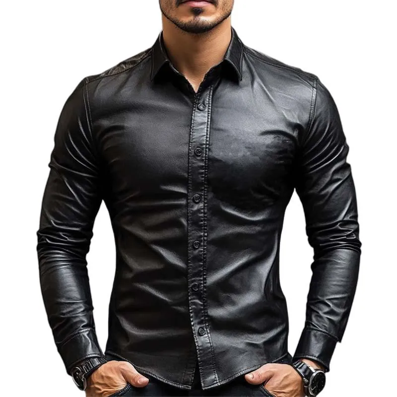 Men's Classic Casual Slim Fit Leather Long Sleeve Shirt 14679337K sold by Manly