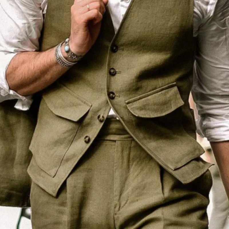Men's Classic Retro V-Neck Multi-Pocket Linen Vest 74650338K sold by Manly product image thumbnail 4