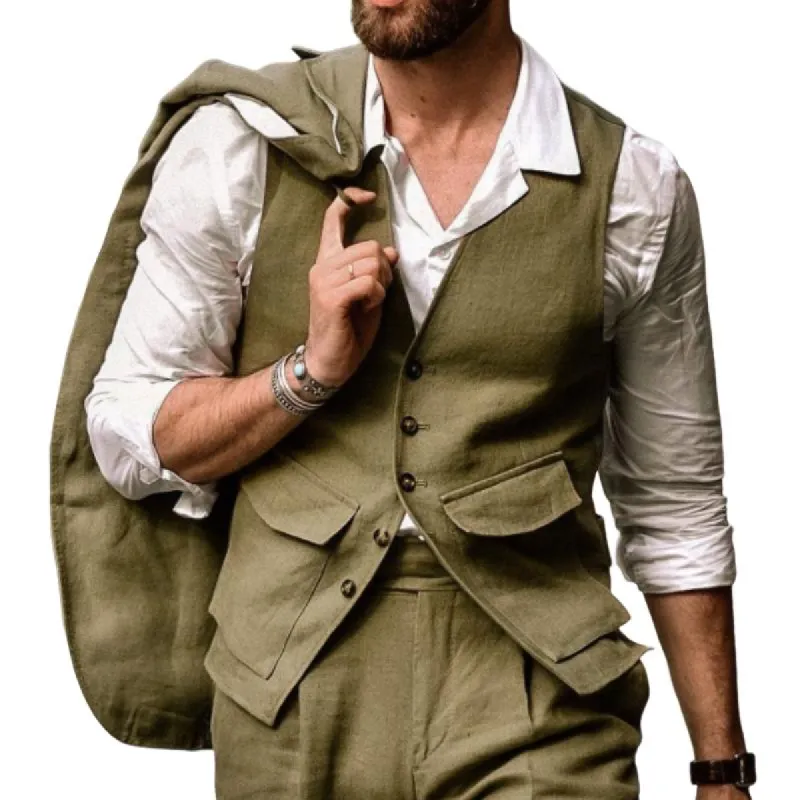 Men's Classic Retro V-Neck Multi-Pocket Linen Vest 74650338K sold by Manly