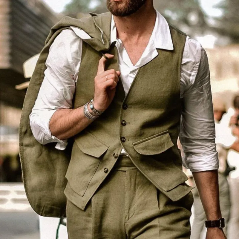 Men's Classic Retro V-Neck Multi-Pocket Linen Vest 74650338K sold by Manly product image thumbnail 2