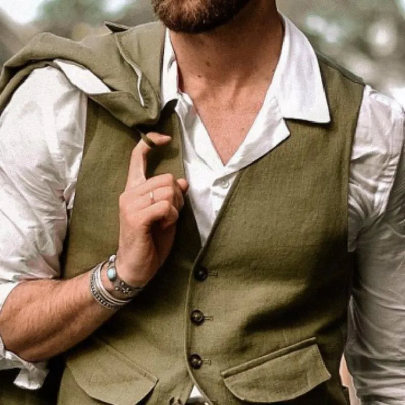 Men's Classic Retro V-Neck Multi-Pocket Linen Vest 74650338K sold by Manly product image thumbnail 3