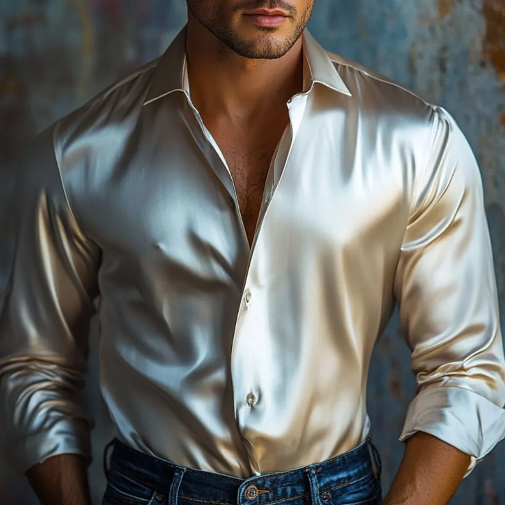 Men's Vintage Elegant Satin Slim Lapel Long Sleeve Shirt 91997479M sold by Manly product image thumbnail 3